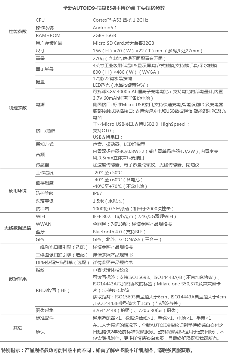 全新AUTOID9指紋識別手持終端